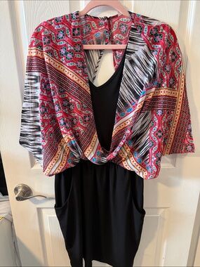 BE VERSATILE in this super cute  Black Dress with Red Patterned Kimono Cardigan